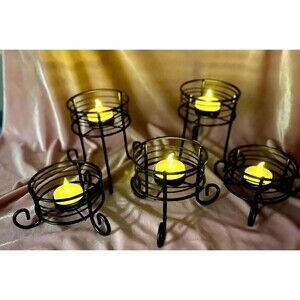 Set Of 5 Mtl Blk Candle Holders TLight Flameless Candles 2(2.5 In)2(4.5in)1(3.5)